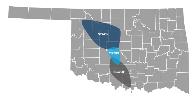 resource royalty company acquisition focus areas map illustration on Oklahoma stack scoop areas